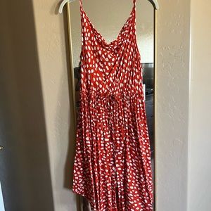 Womens Pinch Cowl Neck Red Orange White Abstract Spot Dress Tie Waist Size L